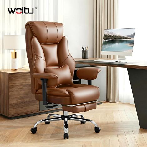 WOLTU Poltrona Ufficio con Poggiatesta, Cuscino Lombare, Poggiapiedi Retrattile, Braccioli Regolabili PU Schienale Reclinabile 135°, Marrone (1/5)