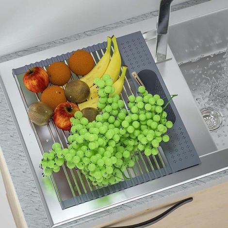 Évier de cuisine avec égouttoir à enroulement - Structure en acier inoxydable - Pour la cuisine - Gris foncé (1/5)