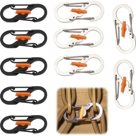 Packung mit 10 S-förmigen Karabinern, kleinen Edelstahlkarabinern, Mini-Doppelsicherungskarabinern, Diebstahl- und Fallschutz, für Schlüssel und den Einsatz im Freien. (1/5)