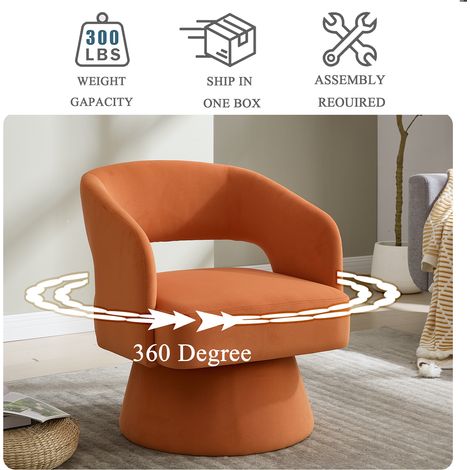 Fauteuil d’accent pivotant 360° Lexicon velours confortable,dossier ouvert base métal salon chambre orange. Lexicon 360
