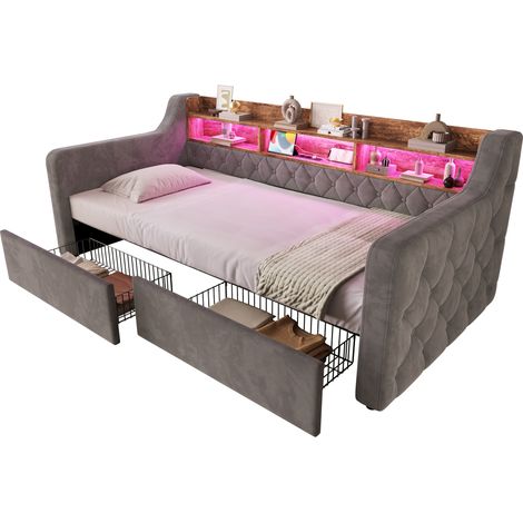 Lit simple rembourré 90x190 cm en velours gris foncé avec LED, USB, Type-C et 2 tiroirs (1/5)