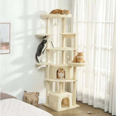 Albero tiragraffi 200 cm per 2-3 gatti, 2 nicchie, 2 cucce, 5 piattaforme, amaca beige OKMYHOME (1/5)