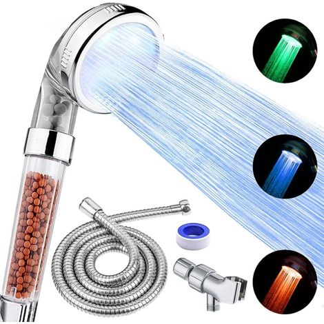 LED-Duschkopf mit Hochdruck-Handbrause, Schlauch und Halterung, 3 wassersparende, temperaturregulierbare Filter für trockenes Haar und trockene Haut