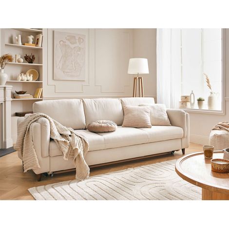 Lisa Design – Canapé convertible 3 places en velours beige – Structure bois massif – Mousse polyuréthane HD – Dimensions couchage 124x193 cm
