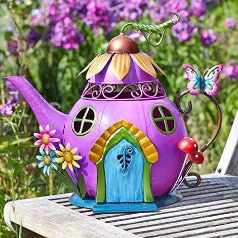 Novelty Garden Ornaments Waterproof Fairy House Outdoor Decoration Fun Metal Hand Painted Decor Weatherproof (Teapot Studio) (1/3)