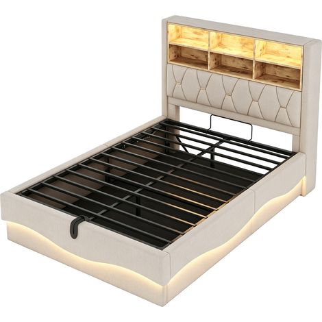 Polsterbett 140x200 cm mit hydraulischem Stauraum, APP-LED, USB, Metall-Lattenrost, Beige (1/5)
