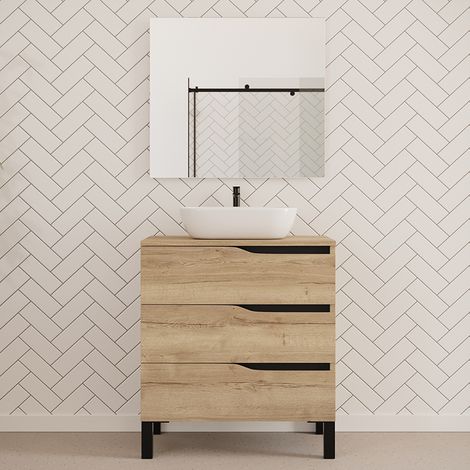 Meuble de salle de bain 80cm avec plateau et vasque à poser zeus - 3 tiroirs - madera miel (chêne clair) - MATA (1/5)
