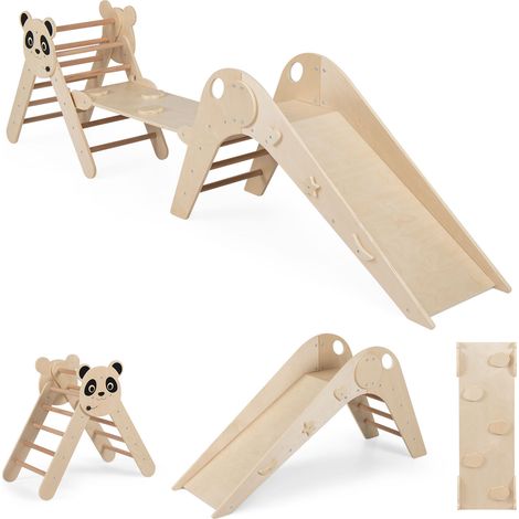 Triangle d’Escalade Montessori Enfant Pliable sur Thème Panda avec Rampe et Échelle, Parcours Motricité Bébé Bois avec Toboggan, Beige