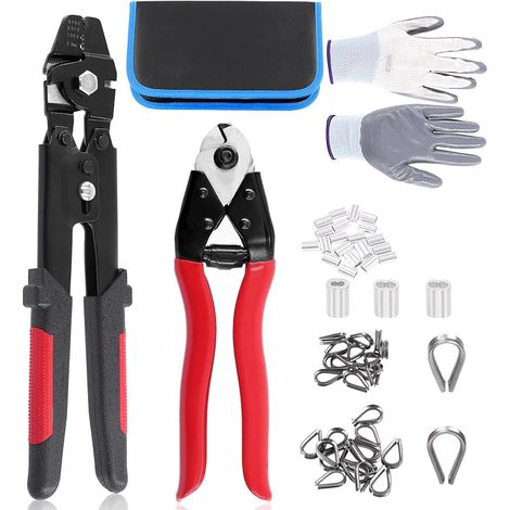 Lot de 83 outils à sertir et coupe-câble, manchons en aluminium et dés à coudre inoxydables avec gants anti-coupure (noir) (1/5)