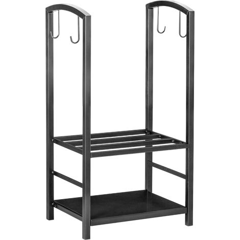 Lot en métal noir : porte-bois surélevé 2 étages, capacité 100 kg, 40x30x74.5 cm, avec pelle, balayette, tisonnier et pince, pour usage intérieur/extérieur. (1/5)