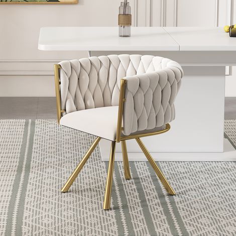 Fauteuil pivotant en velours beige et or, avec lampe, dossier rembourré, piètement métal 4 pieds