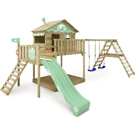 WICKEY Wooden climbing frame Smart Ocean with swing set and slide, Playhouse on stilts for kids with sandpit, climbing ladder & play-accessories - pastel green