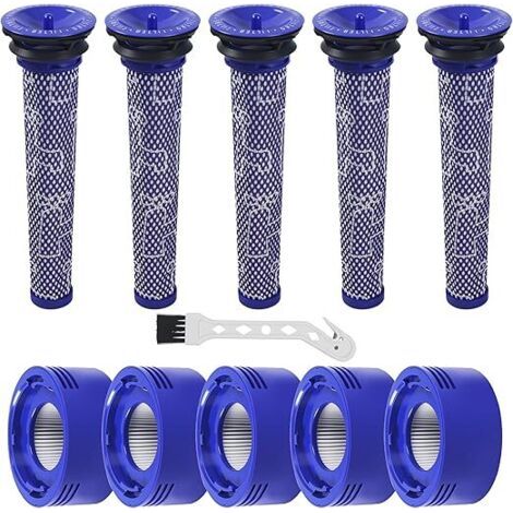 Kit de 10 filtres pour aspirateurs Dyson V8 et V7 : 5 préfiltres et 5 postfiltres HEPA, avec 1 brosse.