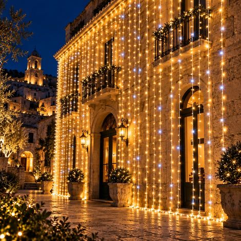 Tenda Luminosa a Cascata 1,5x4 Metri 400 Maxi LED Reflex Luce Calda Fissa Flash Bianco Freddo Cavo Doppio Bianco IP44 (1/4)