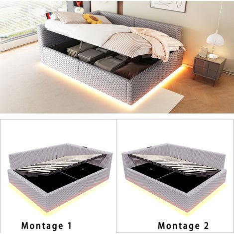 Polsterbett 140x200 cm mit Stauraum und LED-Beleuchtung, Multifunktionsbett mit hydraulischem Bettkasten, USB & Typ-C, Samtstoff Grau (1/5)