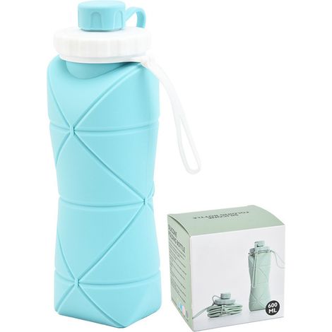 Bouteille d'eau pliable 600ml en silicone alimentaire, large ouverture, gourde pour enfants, camping, voyage, sport, bleu clair (1/5)