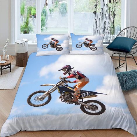 Parure de lit 3D pour motocross,135x200 cm,2 pièces avec fermeture éclair,Doux et agréable,En microfibre,Housse de couette pour adolescent et moto,Avec taie d'oreiller de 80x80 cm (1/5)