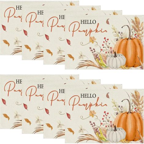 Set di tovagliette autunnali in poliestere con stampa zucca e acero – set da 8 pezzi con tappetino termoisolante