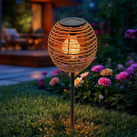 Solar Beetstecker Kugel in Rattan Optik natur mit LED Glühbirne - 52 x 15 cm - Garten Dekostecker warm weiß beleuchtet