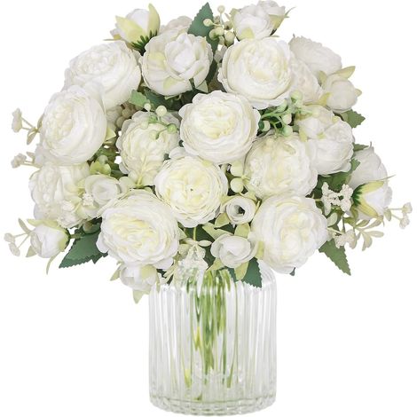 Lot de 2 Bouquets de Pivoines Artificielles en Soie pour Fête de Mariage, Centre de Table Décoration D'intérieur (Blanc)