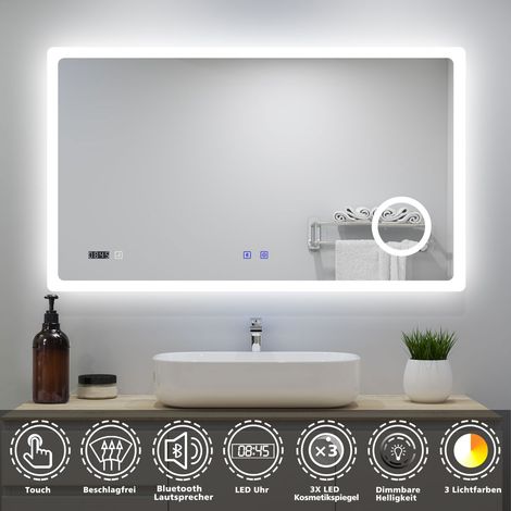 LED Badspiegel 120x70cm mit 3 Lichtfarbe Dimmbar Bluetooth Uhr 3-fache Vergrößerung Beschlagfrei CE IP44 (1/5)