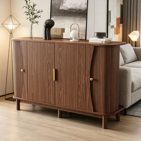 Buffet noyer avec portes vitrées coulissantes meuble de rangement bas pour salon salle à manger entrée en MDF 140x40x88 cm (1/5)