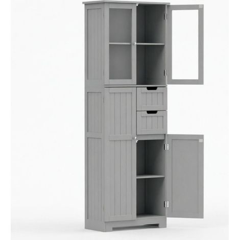 Mueble de baño alto independiente gris con 4 puertas, 2 vitrinas y 2 cajones, MDF (1/5)