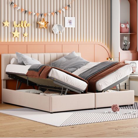 Cama tapizada 180x200 cm beige, MDF y metal - almacenaje hidraulico (1/5)