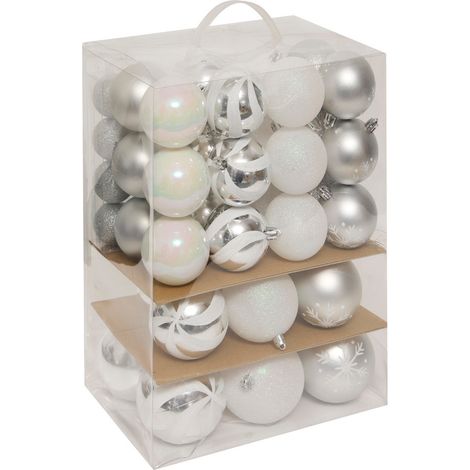 Déco de sapin Lot de 60 Boules de Noël de 4 à 8 cm - Argent et Blanc - Feeric Christmas (1/5)
