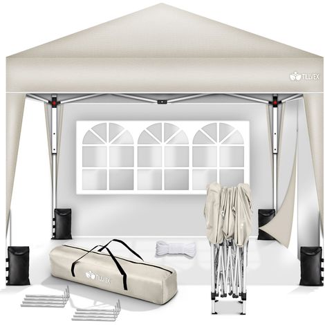 tillvex Pavillon 3x3m Beige - mit 2 Seitenteilen wasserdicht Pop-Up Faltpavillon höhenverstellbar Gartenzelt UV Schutz 50+ Partyzelt mit Tasche für Garten