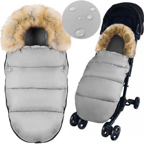 Saco de dormir de invierno gris con forro de piel sintética para cochecito, góndola o trineo + funda. (1/5)