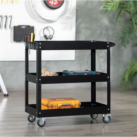Carro de taller (83x35.3x76 cm), 3 niveles, con ruedas y asa, acero, negro (1/5)