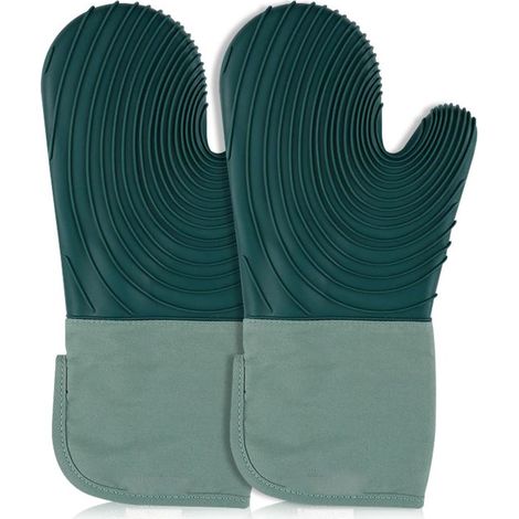 Set di 2 guanti da forno in silicone con fodera in cotone. Set di guanti isolanti in silicone con guanti isolanti in silicone. Guanti da cucina lunghi senza BPA. (1/5)