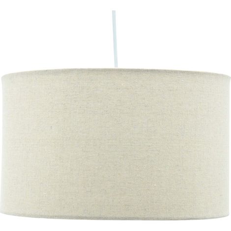 Luminaire, lustre moderne - lampe suspendue en tissu beige - forme tambour - câble plastique blanc, douille E27 - diam. 35 x H. 20 cm (1/3)