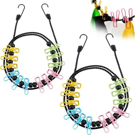 Corde à Linge de Voyage 2X - 180-350 cm par Ligne - Corde à Linge de Camping avec Bande élastique réfléchissante - Corde à Linge avec 12 Clips métalliques chacune (coloré/Noir)