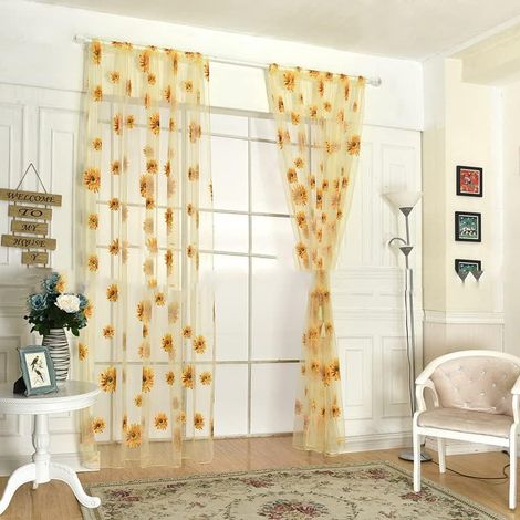 JSSEVN - Sunflower Pattern Window Curtain 100 x 200 cm 2 Panels, Sheer Tulle Organza Curtain with Yellow Flowers, Polyester Fiber (1/5)