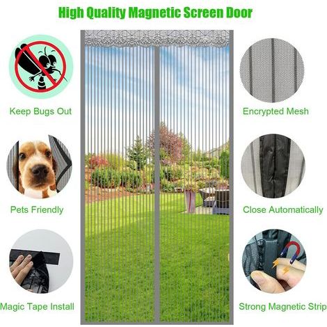 Moustiquaire de Porte Magnétique,Rideau de Anti,Insectes 110x235cm fermeture magnétique de haut en bas Rideau Anti Mouche sans Percer pour Balcon porte Cave Terrasse,Gris (1/4)