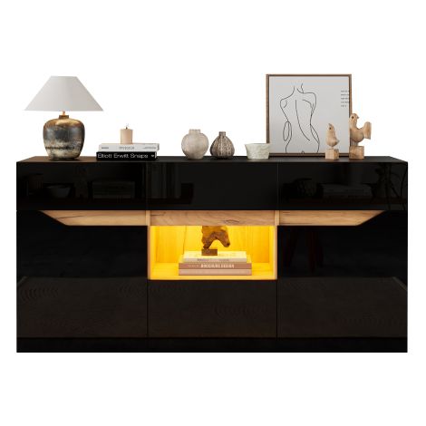Buffet 140x40x70cm 4 tiroirs 2 compartiments LED noir ton bois