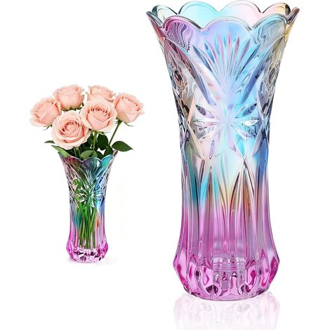 Hohe Blumenvase Glas, Groß 24cm Vase Bunt, Dekorative Modern Bunte Kristallglasvase Regenbogenvase Tischdekorationszubehör Tischdekorationsvase für Hochzeit Office Home Deko Frauen Geschenke (1/5)