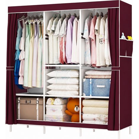 Organisateur de vêtements avec 3 barres de suspension, penderie portable avec étagère, structure en métal, 127 x 43 x 170 cm, rouge (1/5)