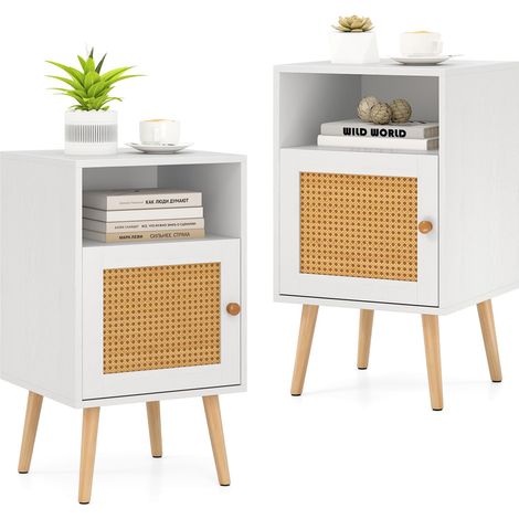 Comodino 40 x 39 x 70 cm, comodino con ripiano aperto e anta decorata in rattan PE, gambe in legno massello (bianco, 2) (1/5)