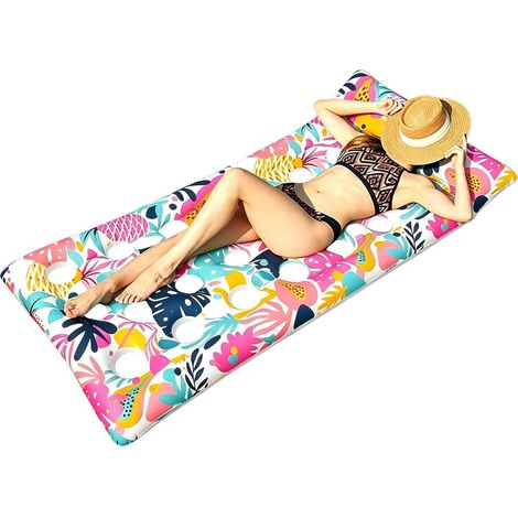Fauteuil de bain gonflable en PVC à motif de feuilles tropicales avec appui-tête, idéal pour les bains de soleil en famille, les sports nautiques et les fêtes d'été au bord d'un lac. (1/5)