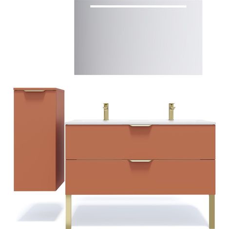 Meuble de salle de bain suspendu double vasque intégrée 120cm 2 tiroirs Terracotta + miroir + colonne ouverture gauche - Venice (1/5)