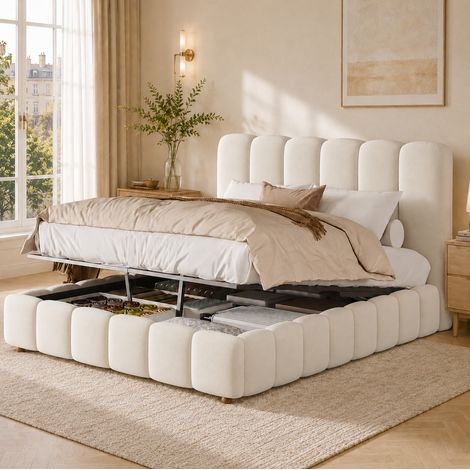 Letto matrimoniale contenitore 140x190 cm, apertura idraulica, testiera imbottita, velluto beige (1/5)