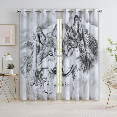 Lot de 2 100% Rideaux Occultant Isolant Thermique Anti Froid Rideau Occultants à Oeillets, MotifsDessin au Crayon Animaux Loup Montagnes Nuages 280 x 260 cm - 140L X 260H cm (2 Panneaux) (1/5)