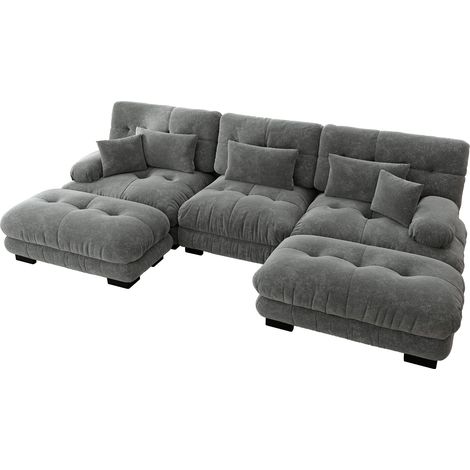 Divano modulare a U in ciniglia grigia HOMVRA con ottomana, 313 x 145 x 81 cm (1/5)