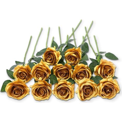 Lot de 12 roses artificielles dorées en soie à longues tiges, idéales pour la décoration de la maison, d'une salle de bain ou d'une fête (dorées).-AquaForge (1/5)