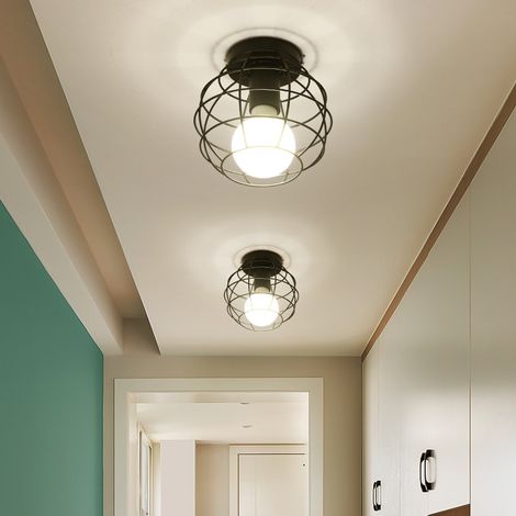 Ceiling Lighting Fitting Vintage, Metal Round Cage Ceiling Lamp, Industrial Chandelier with Lampshade for Living Room Hallway Black 2PCS (1/4)