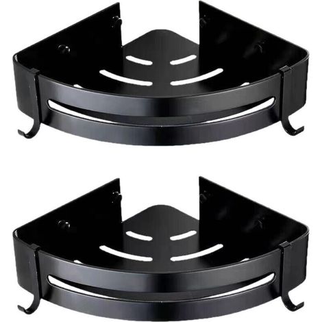 Eckregal fürs Badezimmer, Duschregal ohne Bohren, selbstklebender Duschkorb aus Aluminium für Shampoo, Seife, Handtuch, mit Haken (Dreieckig, Schwarz, 2 Stück)