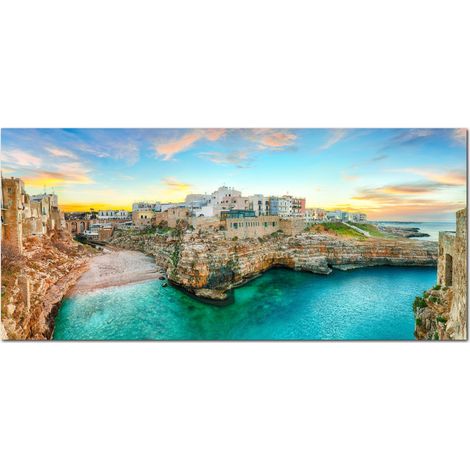 Lupia - Quadro moderno su Tela Canvas DEEP 65X143 cm, con paesaggi e localismi italiani, per casa, soggiorno, capezzale camera da letto, hotel, ufficio, PUGLIA - BASTIONE DI SANTO STEFANO (1/4)